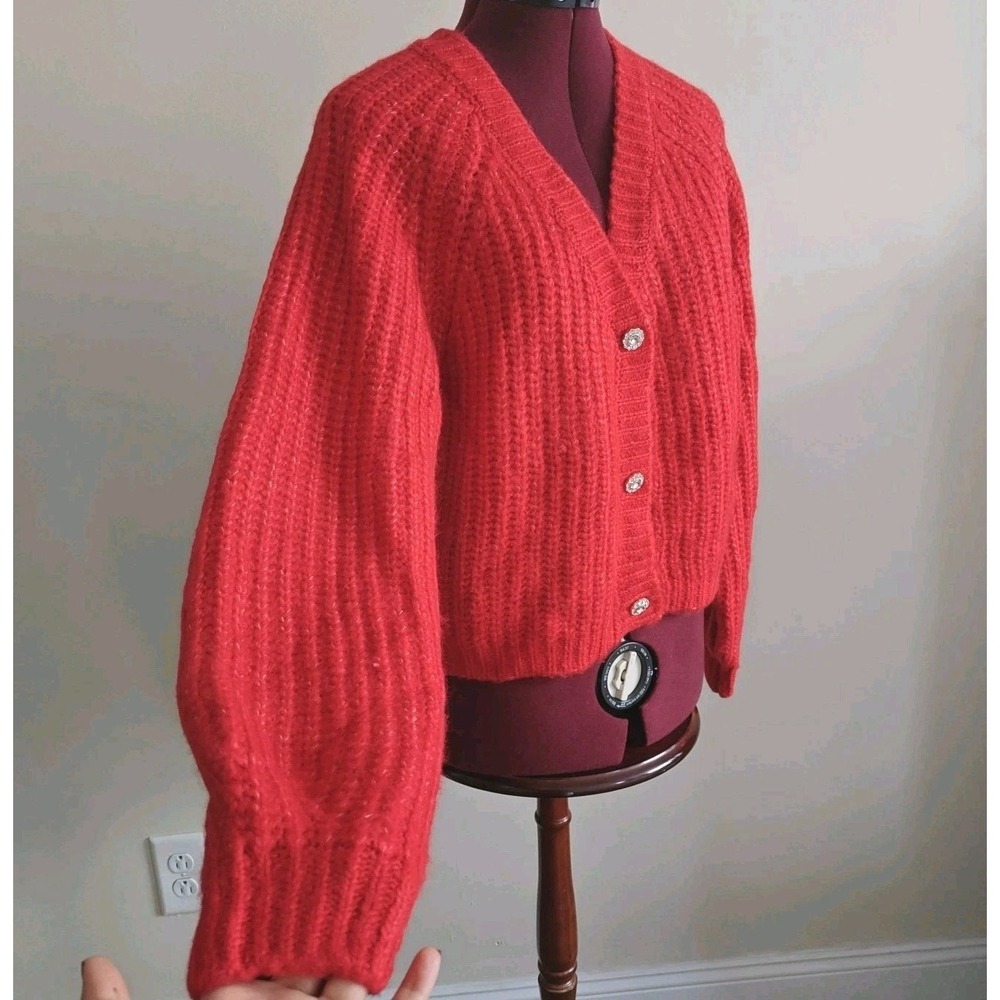 Lulu's Women's Cardigan Sweater Red Chunky Knit Relaxed Rhinestone Buttons Small